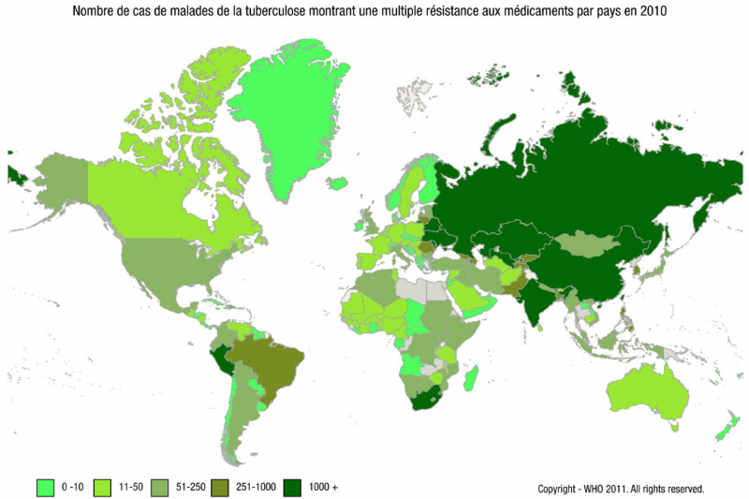 Nombre de cas de malades de la tuberculose montrant une multiple résistance aux médicaments par pays en 2010 0
